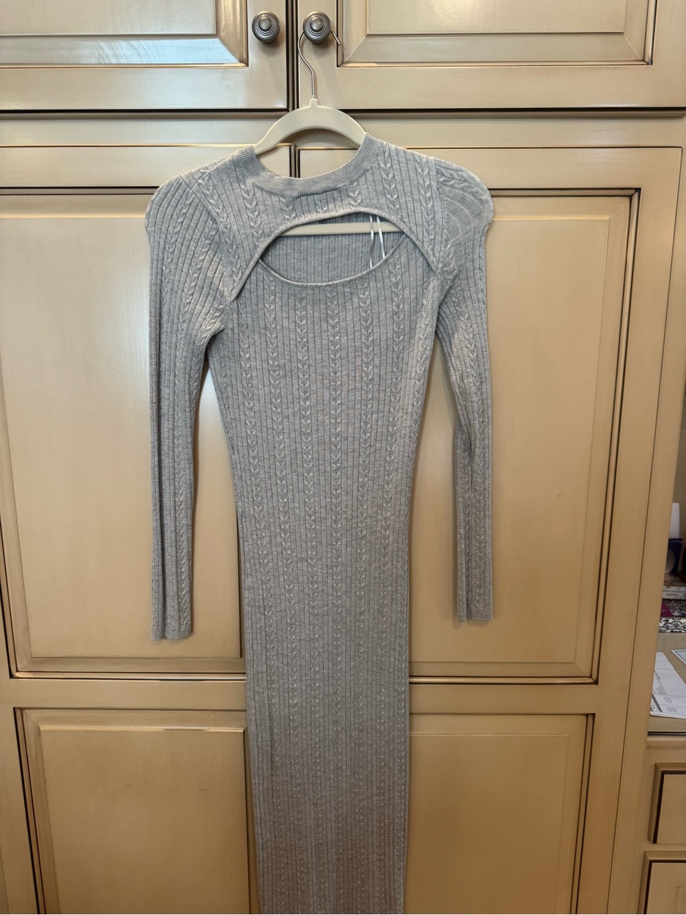 Pink Rose Gray Ribbed Long Sleeve Cutout Maxi Dress